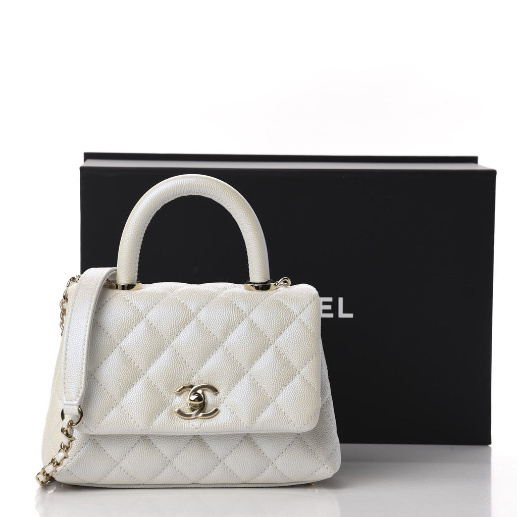 Elegant Iridescent Caviar Quilted Mini Coco Handle Flap White