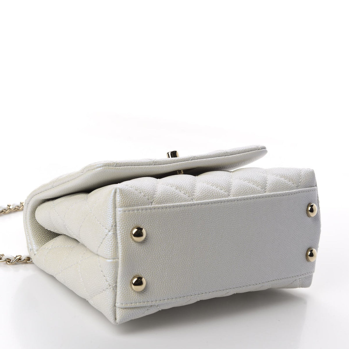 Elegant Iridescent Caviar Quilted Mini Coco Handle Flap White