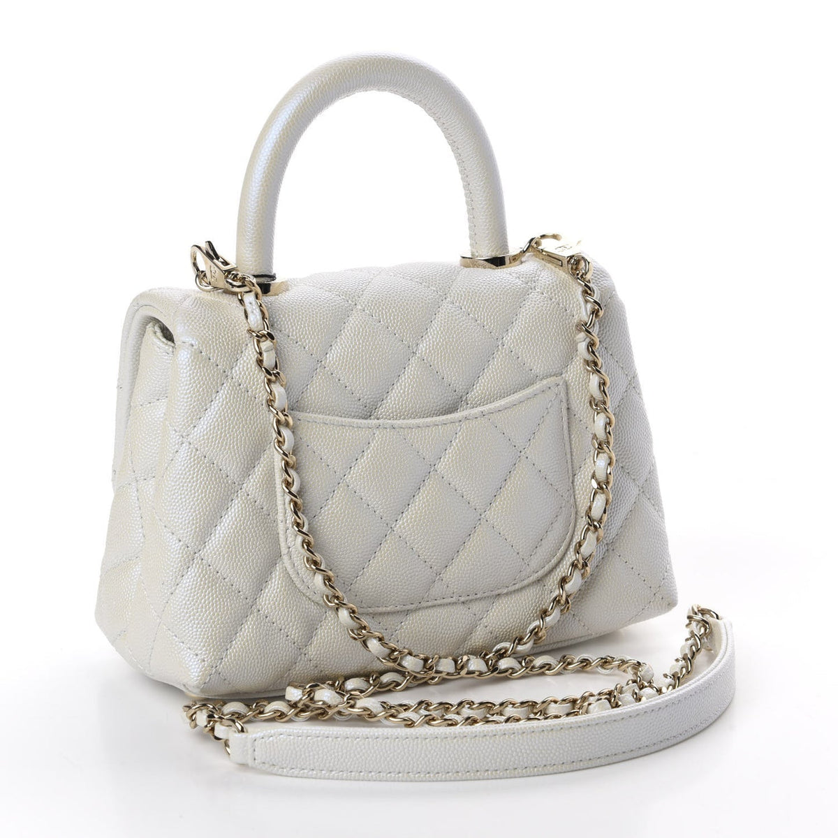 Elegant Iridescent Caviar Quilted Mini Coco Handle Flap White