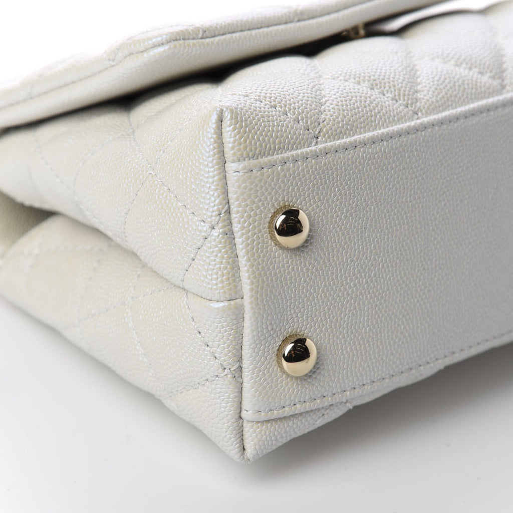 Elegant Iridescent Caviar Quilted Mini Coco Handle Flap White