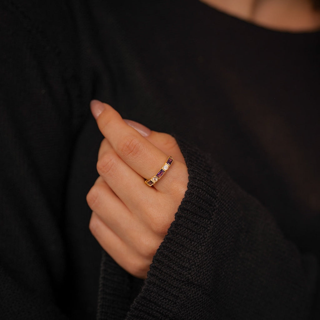 Personalized Round and Baguette Birthstone Ring